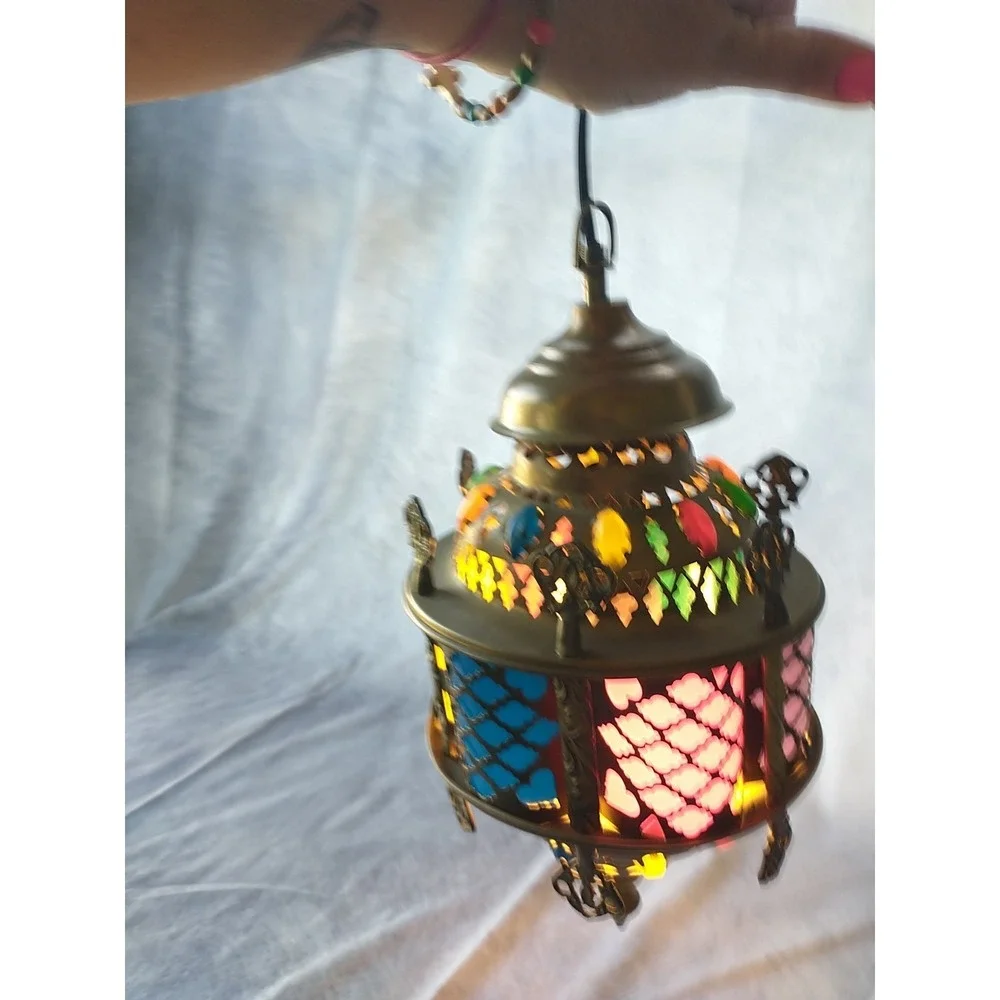 Vintage Moroccan Hanging Lamp Boho Swag Light Pierced Metal Color Glass